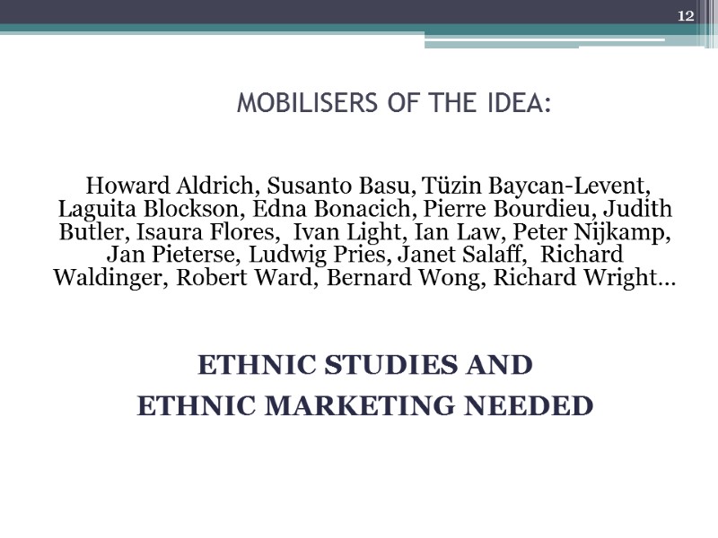 MOBILISERS OF THE IDEA:   Howard Aldrich, Susanto Basu, Tüzin Baycan-Levent, Laguita Blockson,